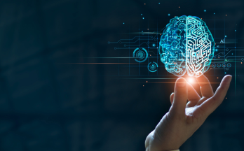 Hand holding abstract data brain. Hand holding abstract data brain.