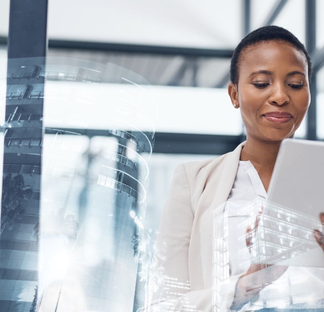 Multiple exposure shot of a mature businesswoman using a digital tablet in a boardroom superimposed on a cityscape