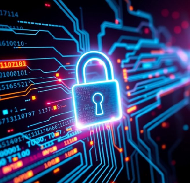 Icône d'un cadenas lumineux avec un cyber-réseau de circuits circuits, de flux de données et de cryptage, représentant la cybersécurité, la protection des données et la sécurité numérique.