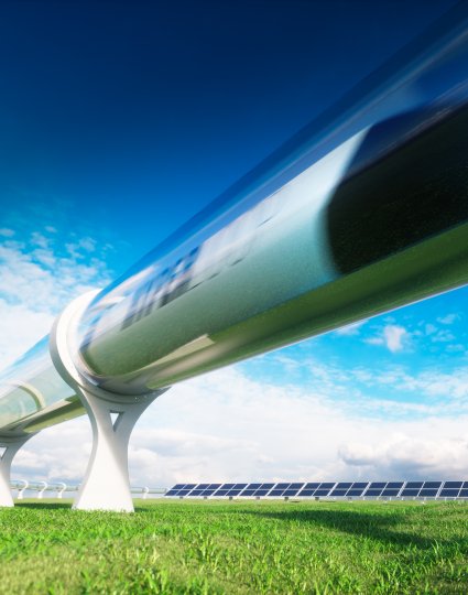 Hyperloop, solar panels and wind turbime generators vizualization