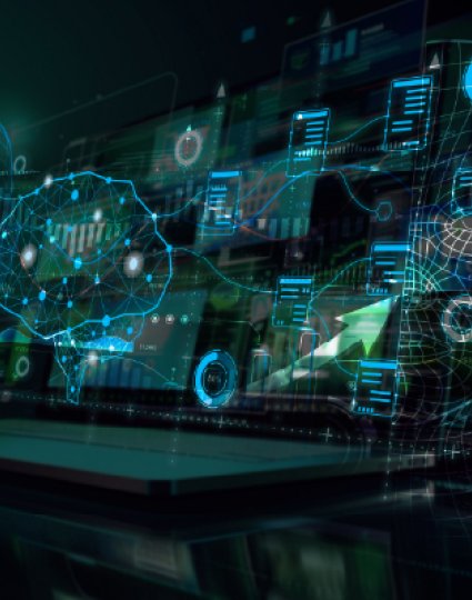 A digital brain with AI-powered connections, neural networks, and data processing, symbolizing artificial intelligence, big data, and machine learning