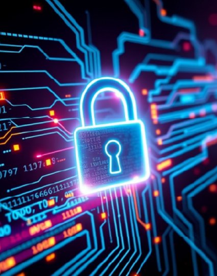 Icône d'un cadenas lumineux avec un cyber-réseau de circuits circuits, de flux de données et de cryptage, représentant la cybersécurité, la protection des données et la sécurité numérique.