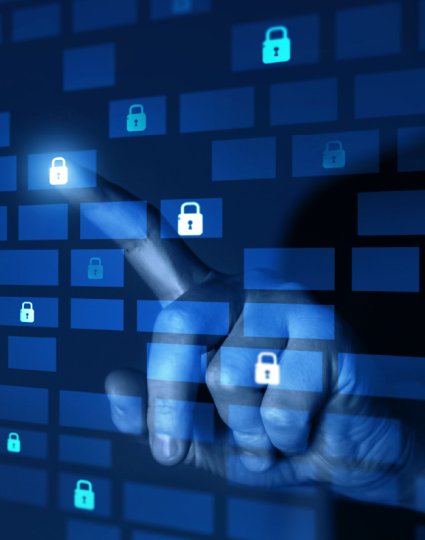 Hand pointing at digital padlocks on a blue virtual interface.