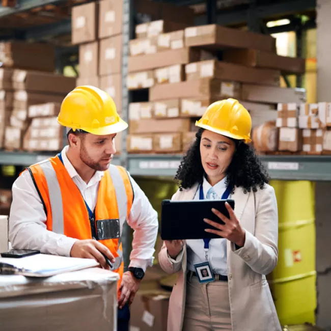 Two people in warehouse looking at documents on tablet