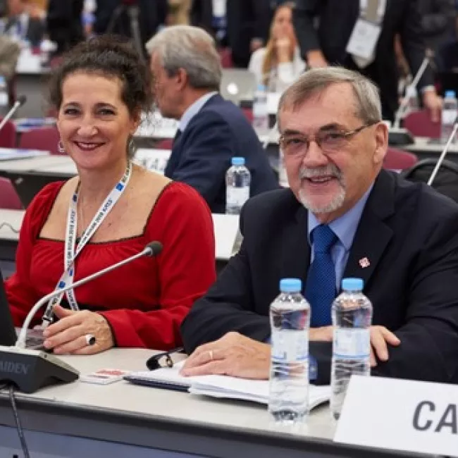 Lynne Gibbens, SCC Manager, International Standards Development, IEC and Jacques Régis, former President of CANC/IEC at the 2019 IEC General Assembly in Shanghai, China.