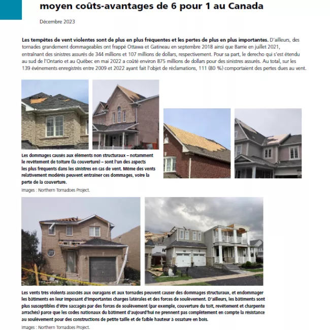 French executive summary text with wind-damaged houses