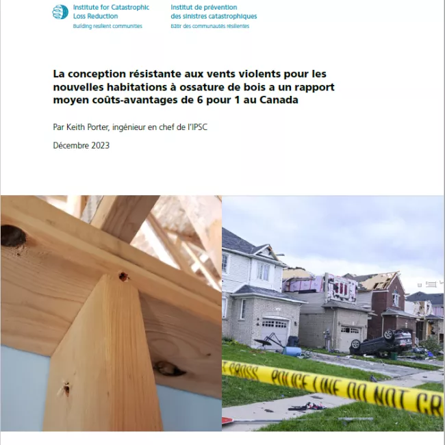 French Cover of High Winds Report showing wooden house frame and wind-damaged houses
