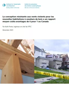 French Cover of High Winds Report showing wooden house frame and wind-damaged houses