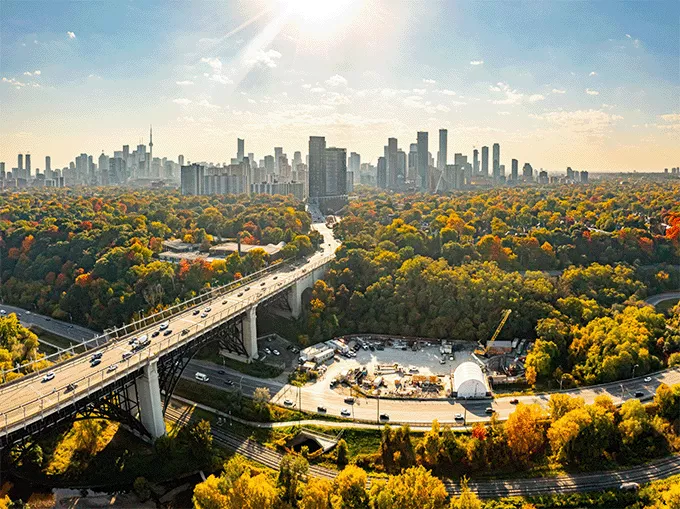 Aerial view of Toronto’s Don Valley Park in Autumn