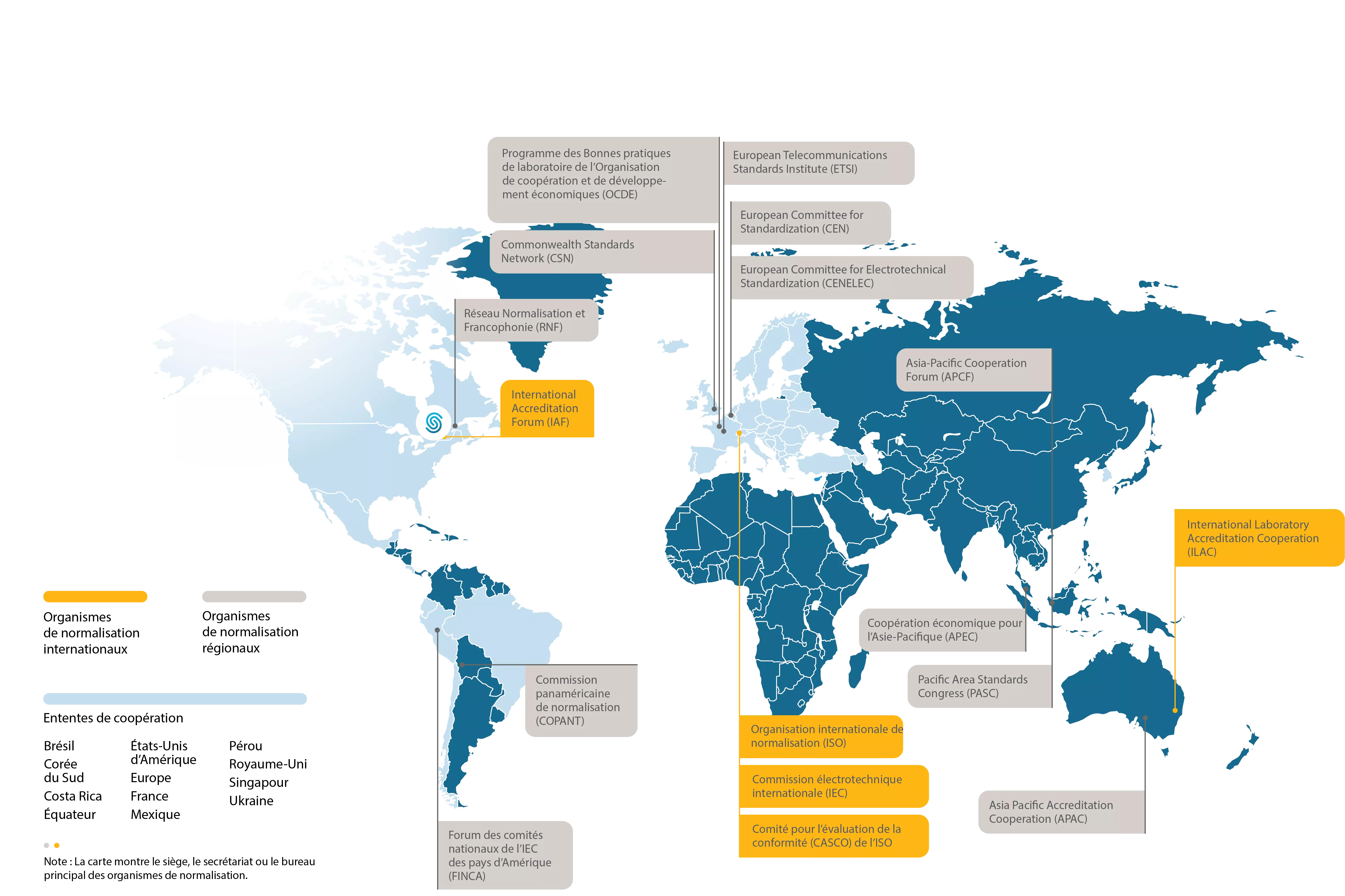 Map of the world with all standardization bodies highlighted