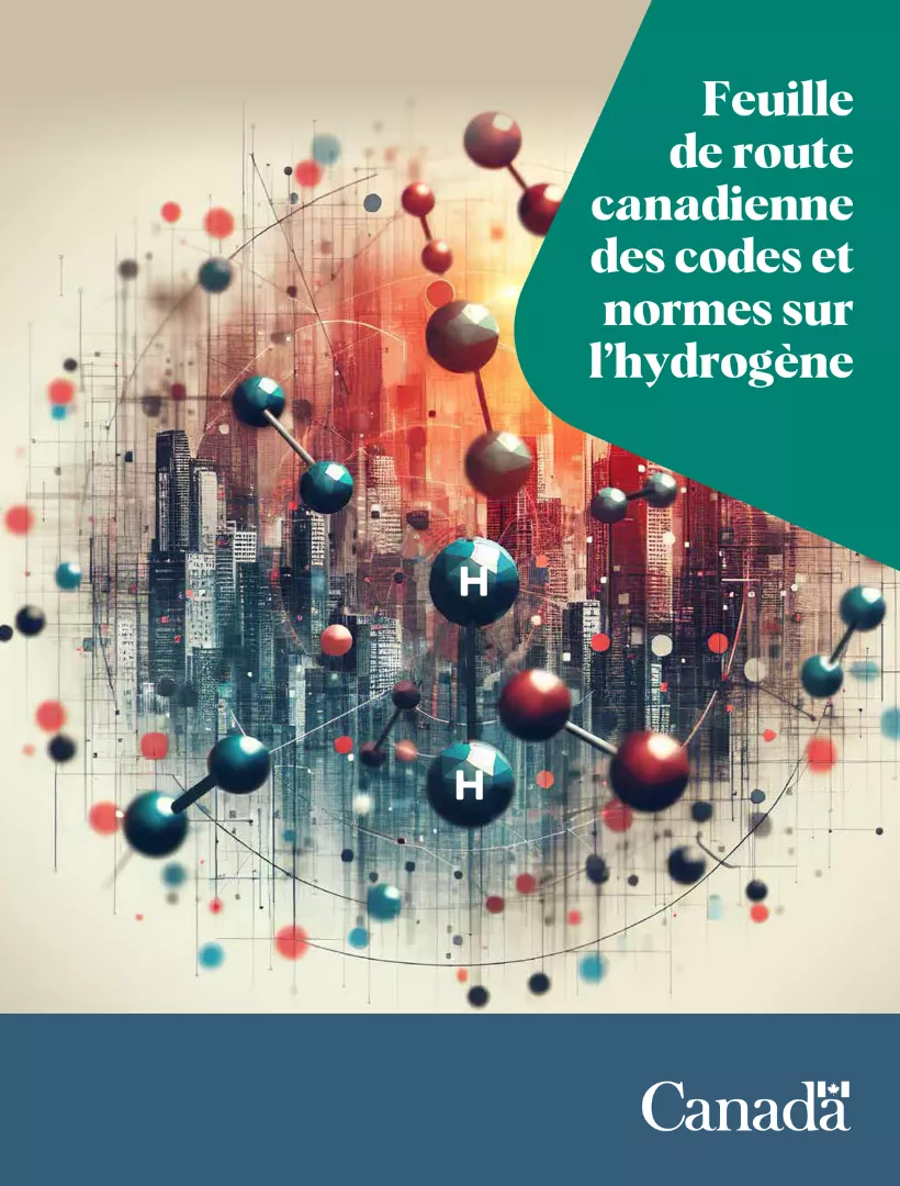 Rendu 3D de molécules d’hydrogène et le texte « Feuille de route canadienne des codes et normes sur l’hydrogène »