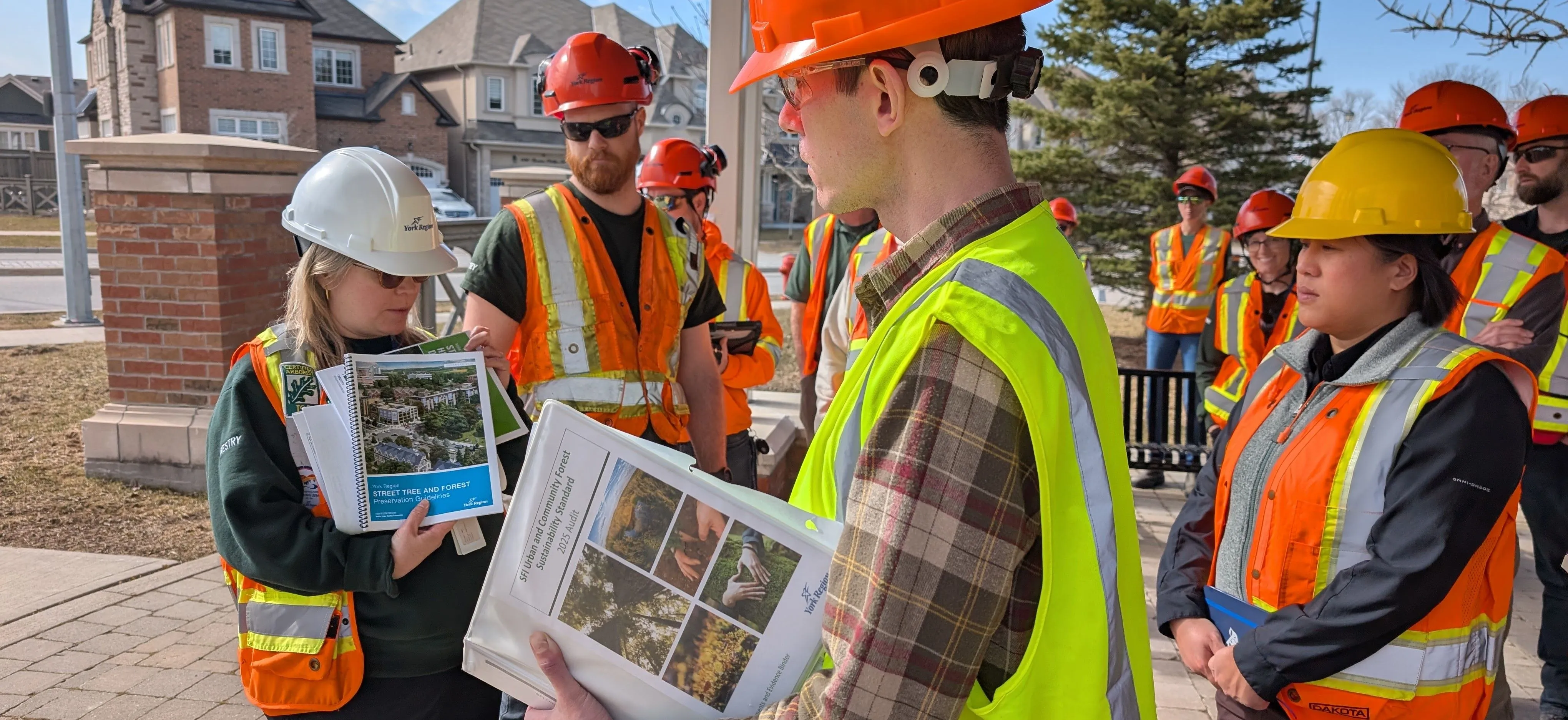 Assessment team reviewing urban forestry guidelines during a site visit.
